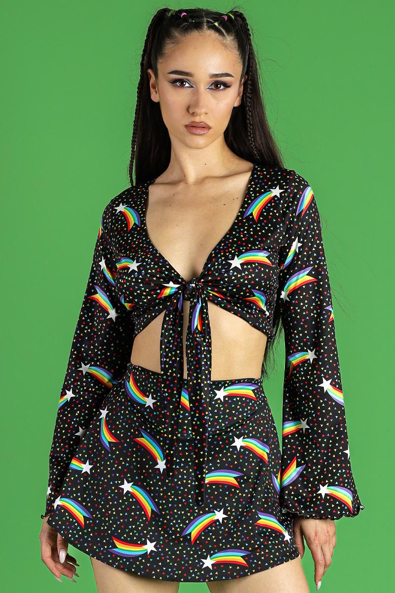 Rainbow Stardust Long Sleeved Tie Knot Crop Top