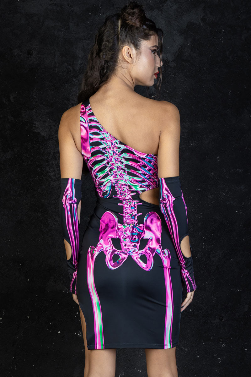 Rosy Skeleton One Shoulder Cut Out Dress Back View