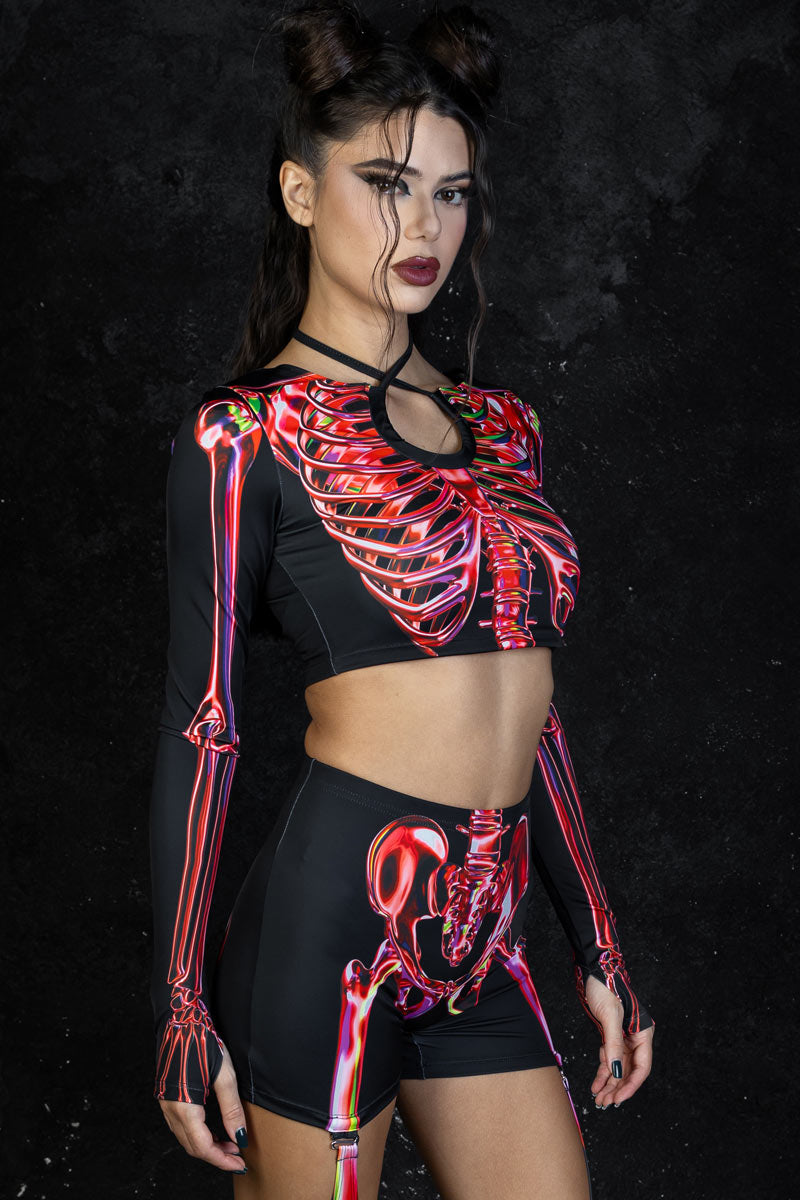 Ruby Skeleton Halter Cutout Long Sleeve Crop Top Side View