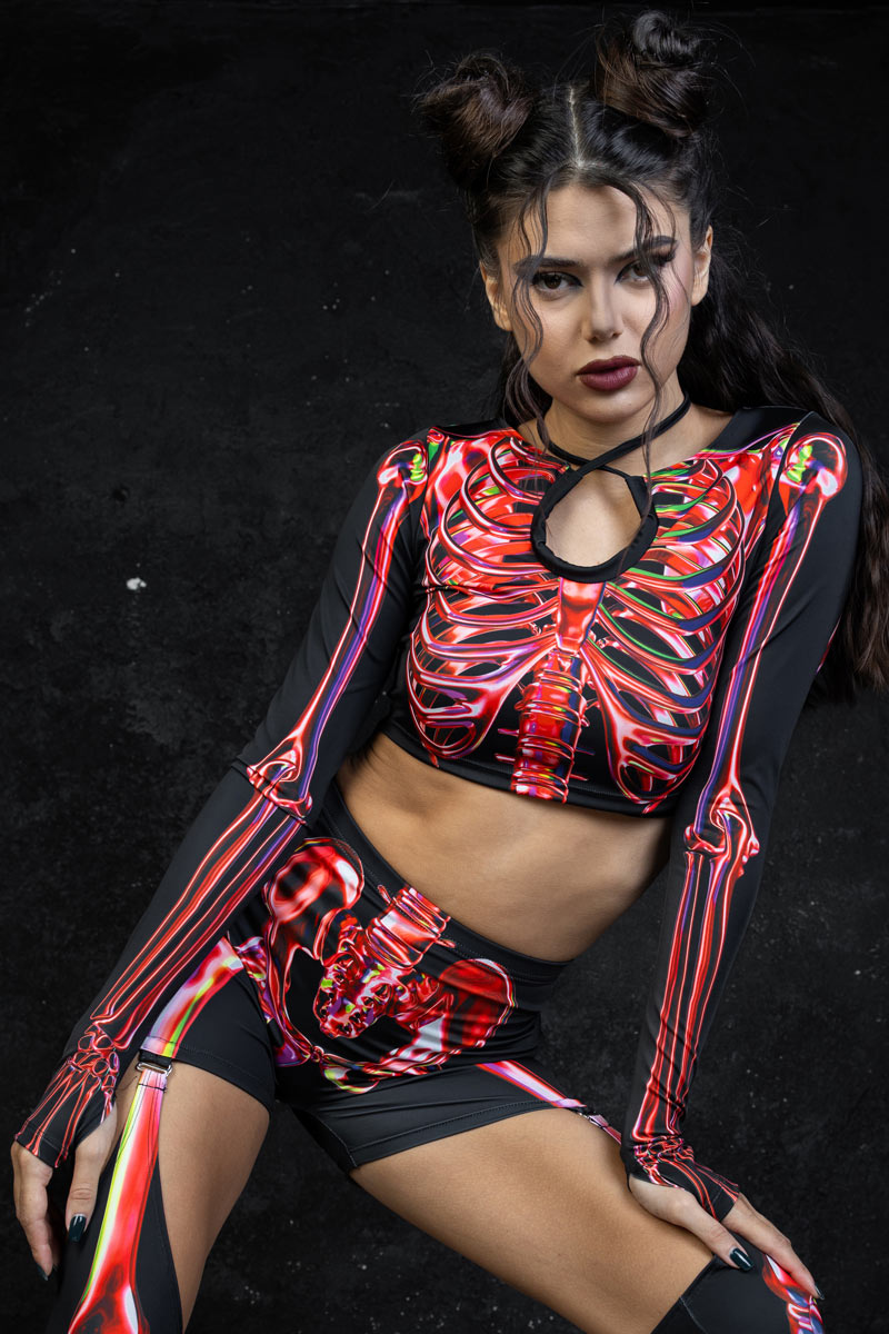 Ruby Skeleton Halter Cutout Long Sleeve Crop Top