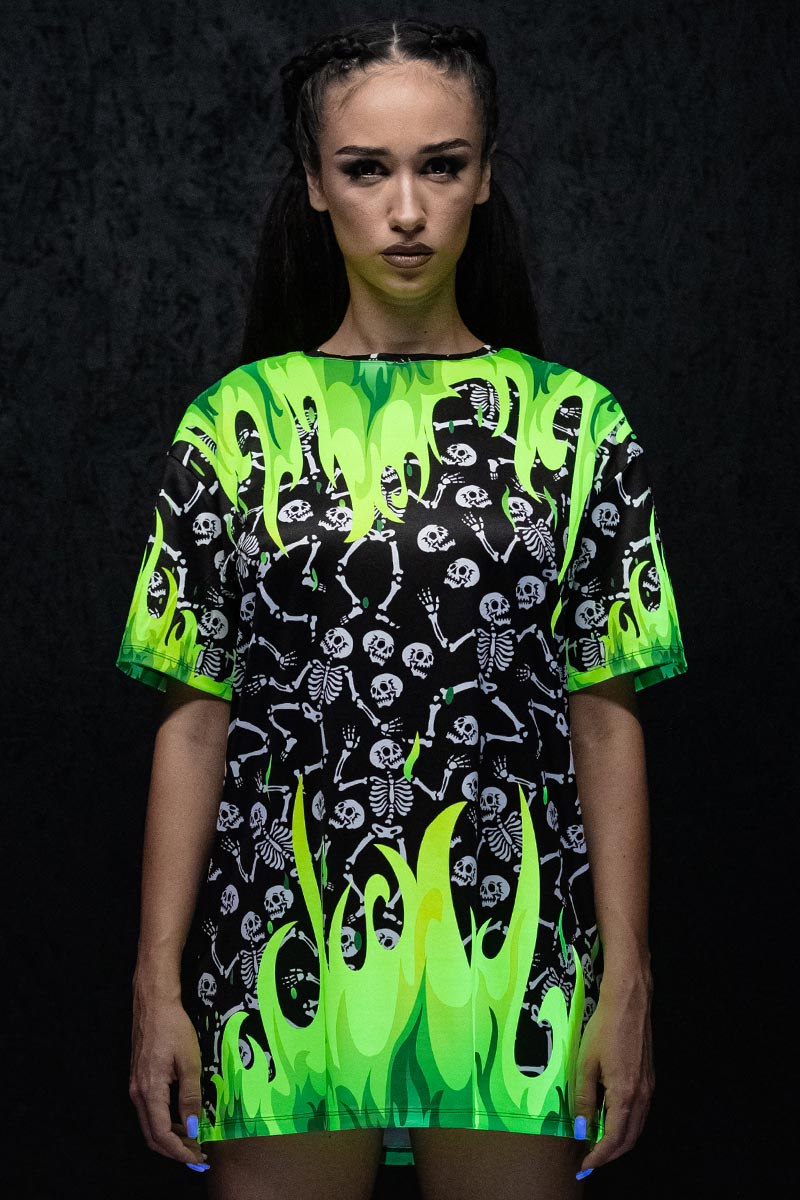 Skeletons in Wildfire Oversized Tee Dress UV Front View