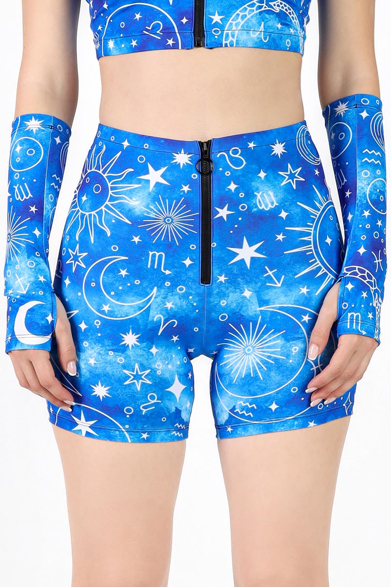 Starry Skies Front Zip Biker Shorts Close View