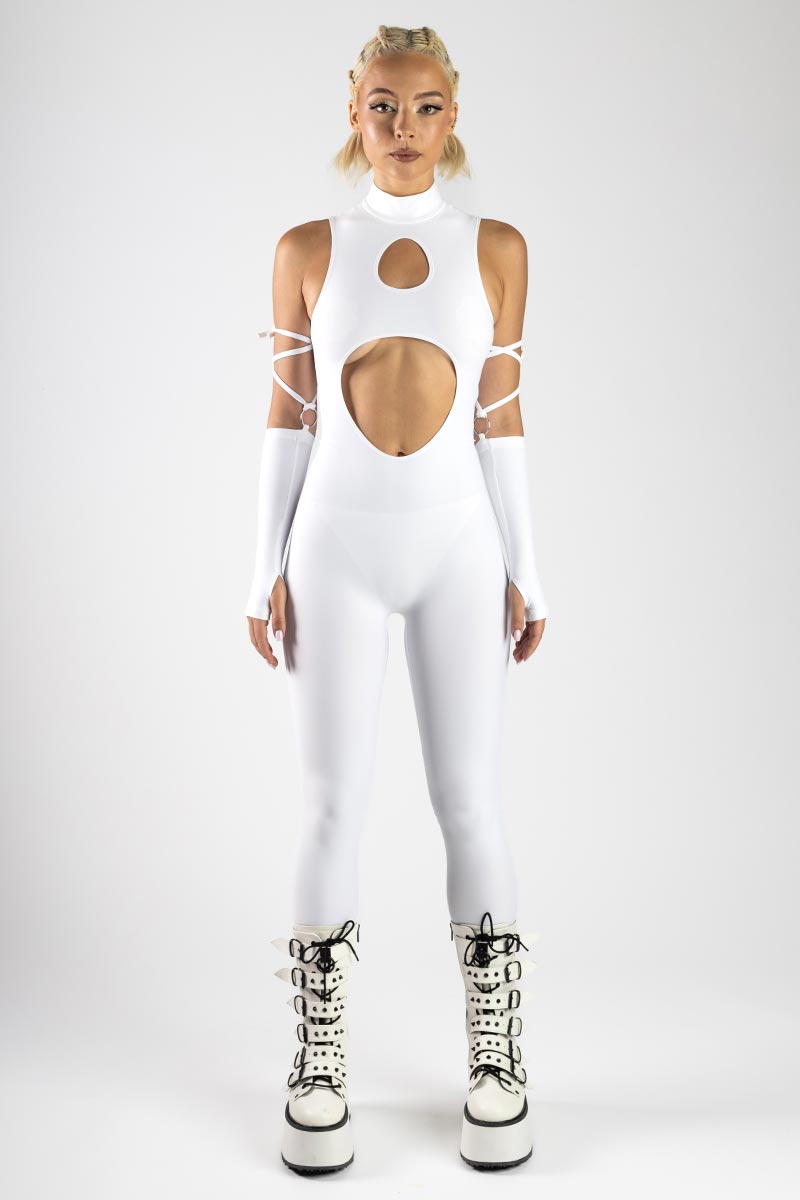 White Cut Out Catsuit Full View