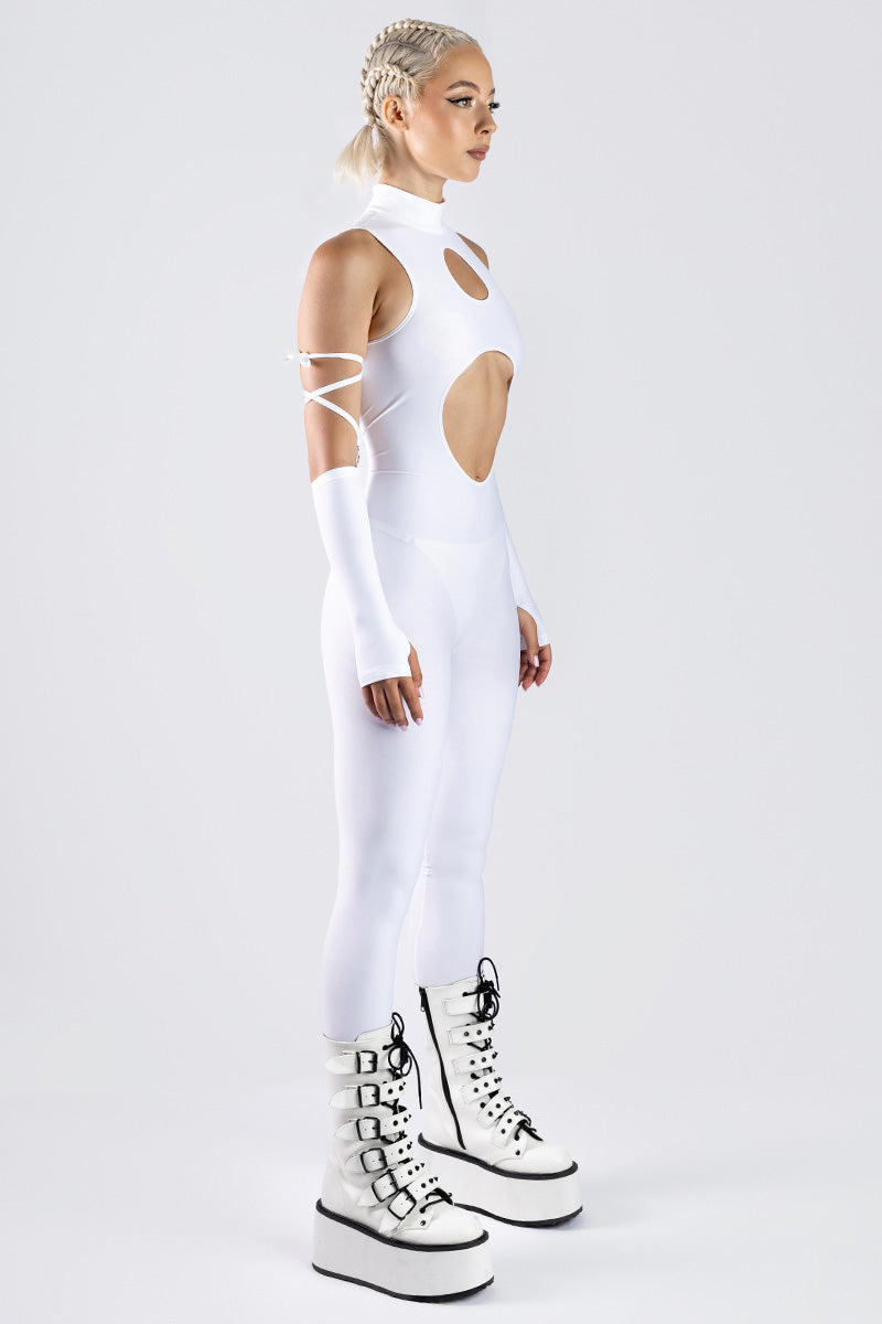 White Cut Out Catsuit Studio Side View