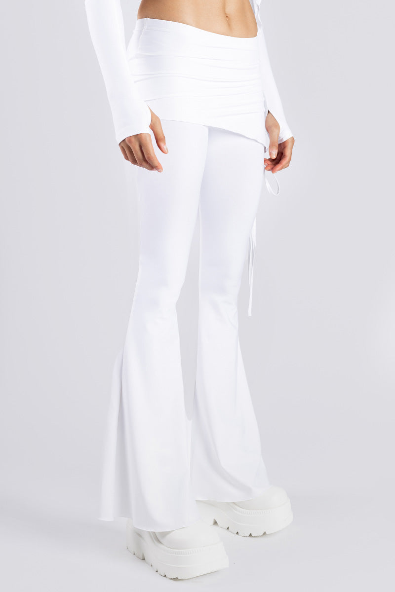 White Lace Up Pants with Skirt Studio Close View