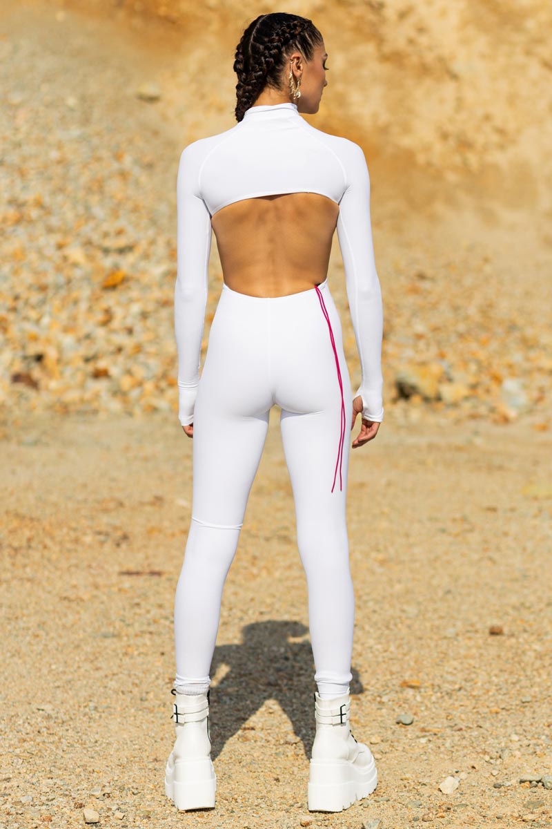 White Long Sleeve Cut Out Catsuit Back View