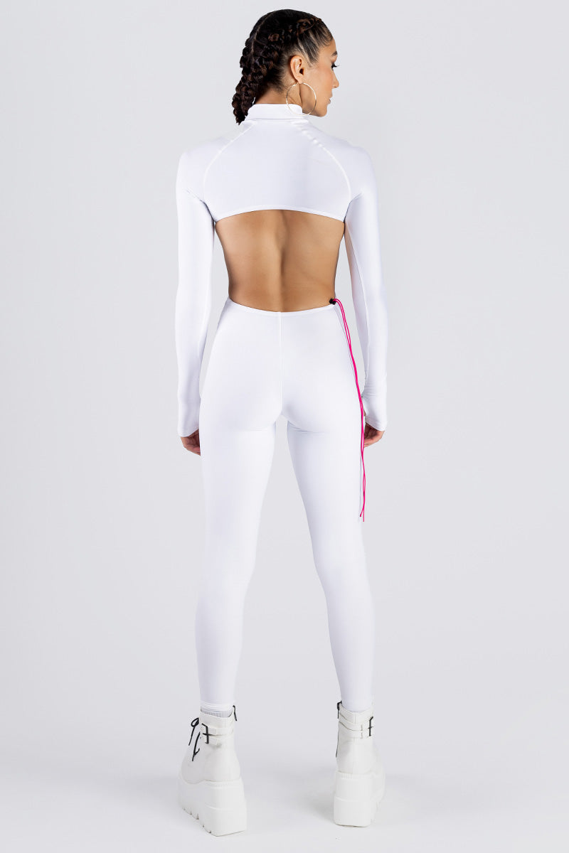 White Long Sleeve Cut Out Catsuit Studio Back View