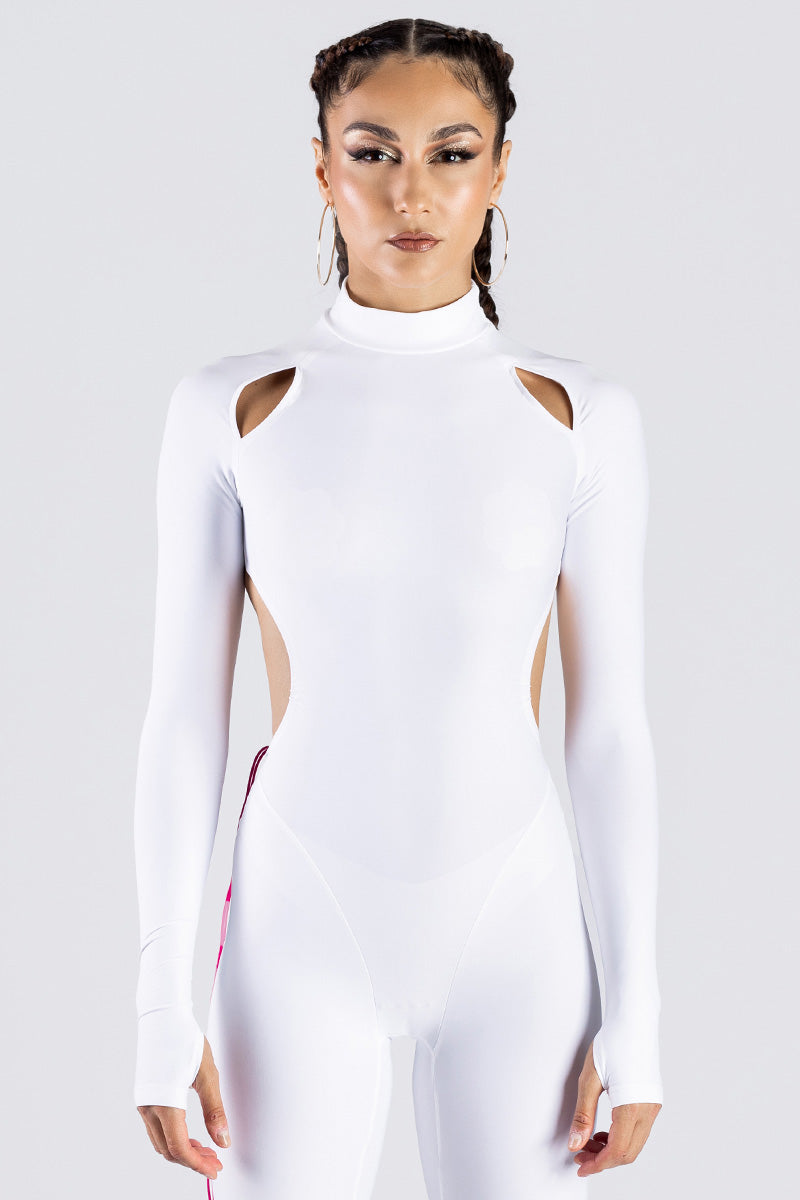 White Long Sleeve Cut Out Catsuit Studio Front View