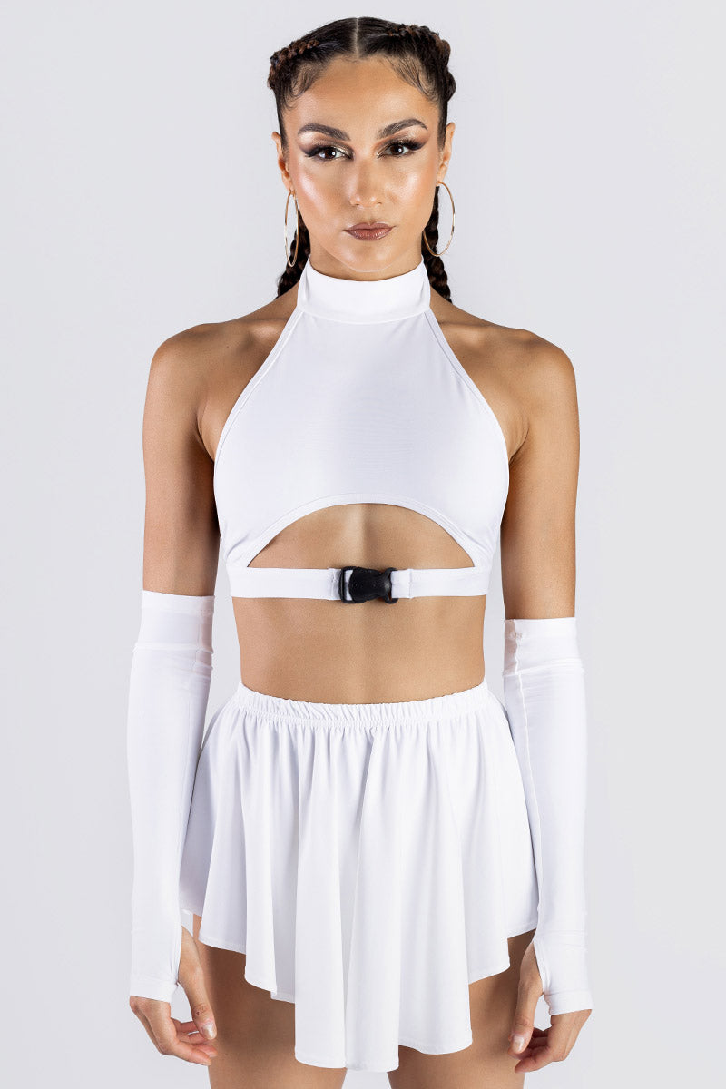 White Pleated Rave Skirt Set Studio Front View