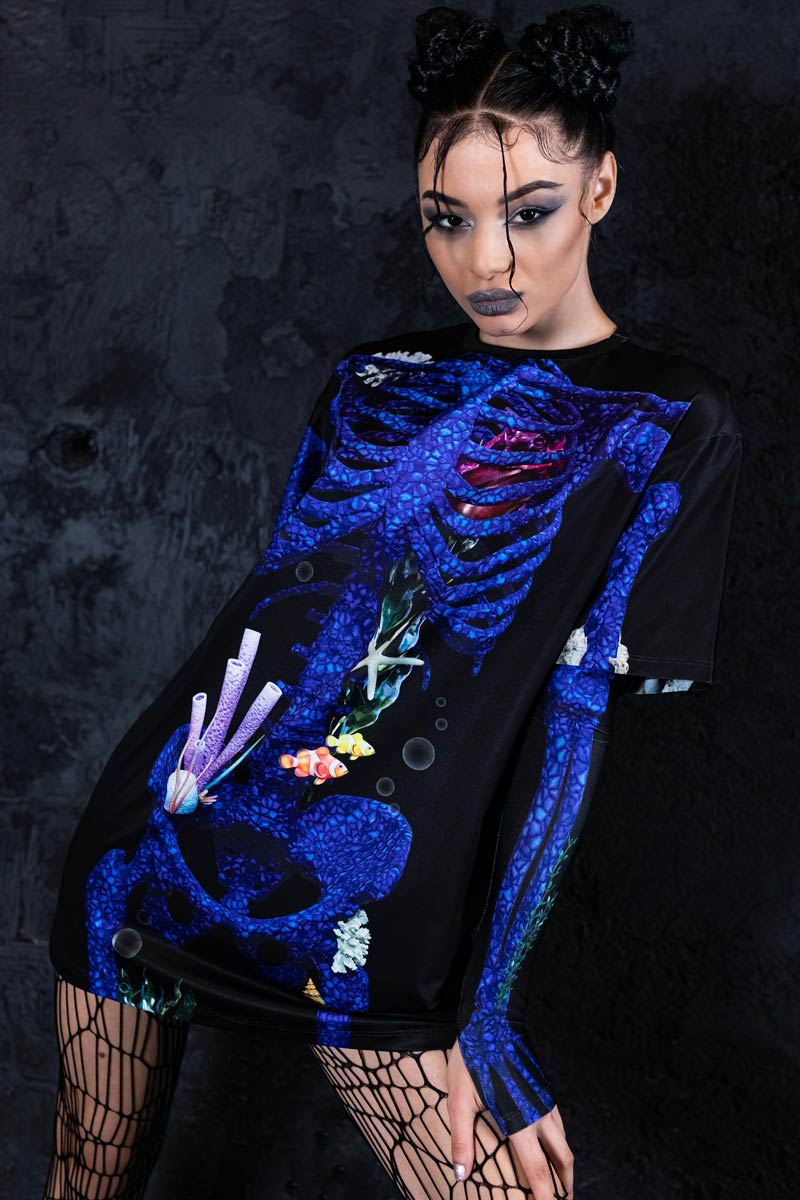 Blue Coral Skeleton Oversized Tee Dress Side View