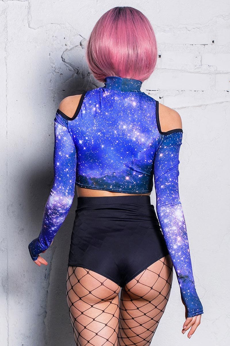 Blue Galaxy Cold Shoulder Crop Top Back View