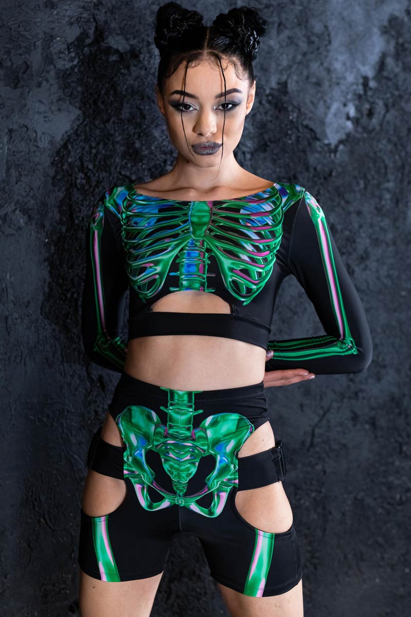 Emerald Skeleton Biker Shorts Set Close View