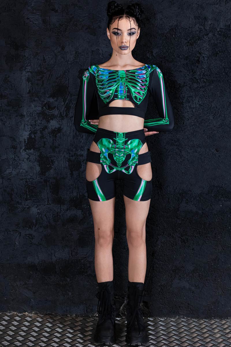 Emerald Skeleton Biker Shorts Set Full View