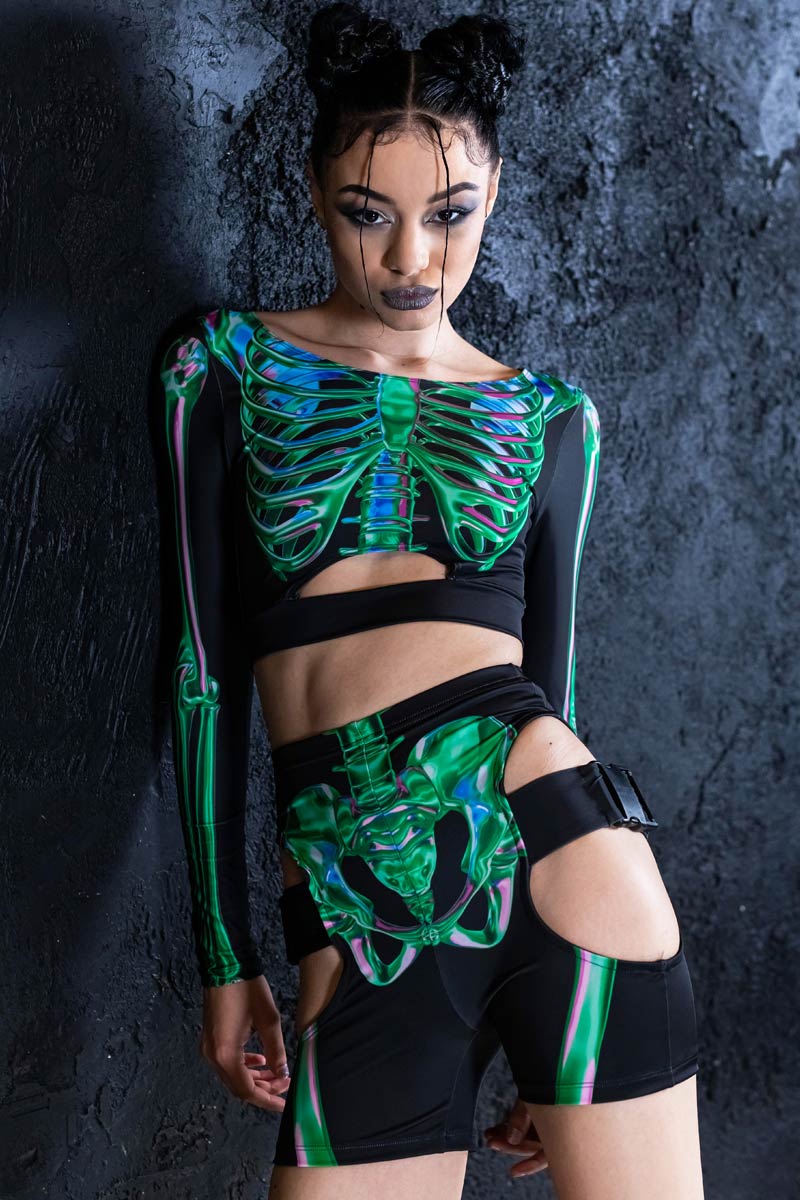 Emerald Skeleton Biker Shorts Set Side View