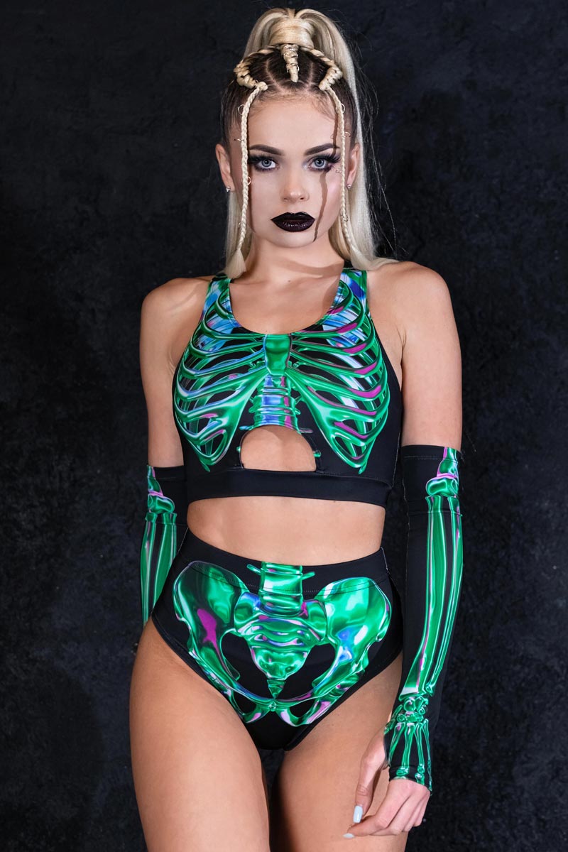 Emerald Skeleton Booty Shorts Set Close View