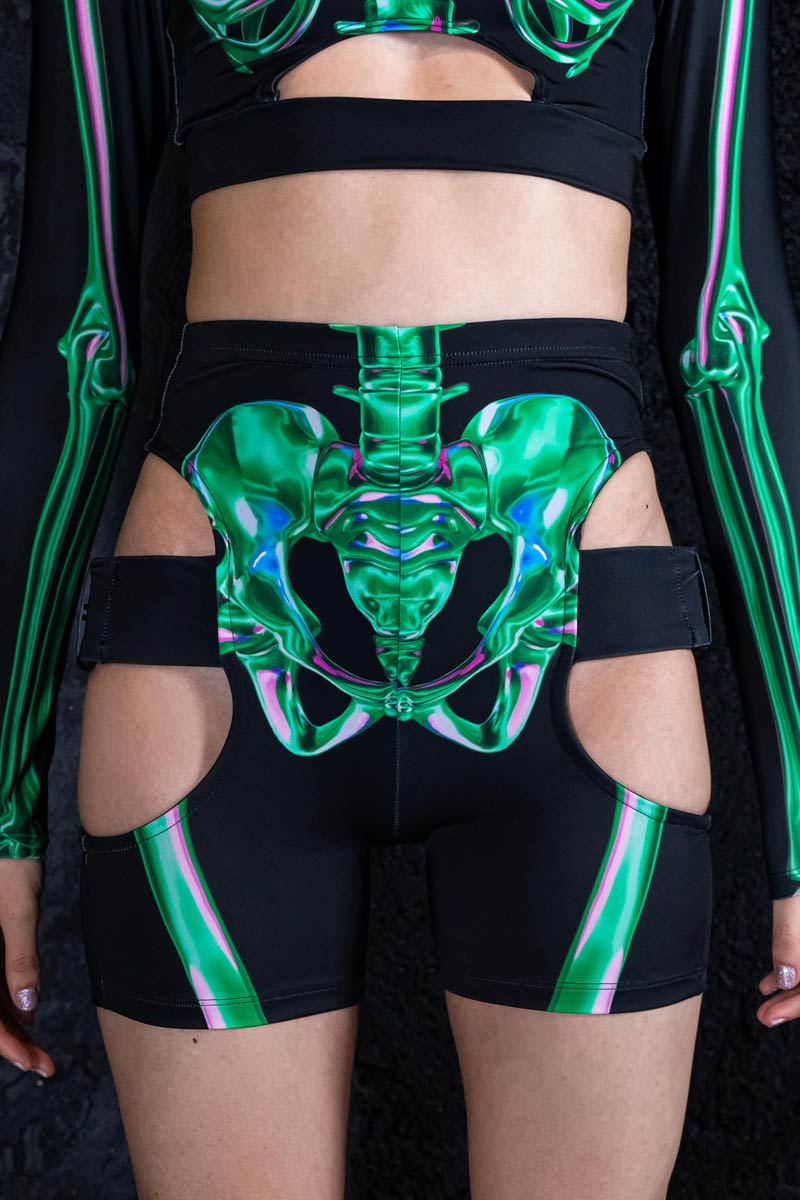 Emerald Skeleton Buckle Biker Shorts Close View