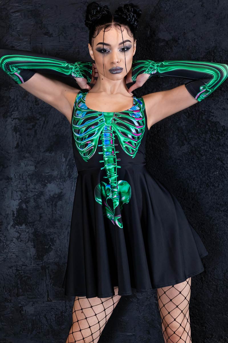 Emerald Skeleton Skater Dress Close View