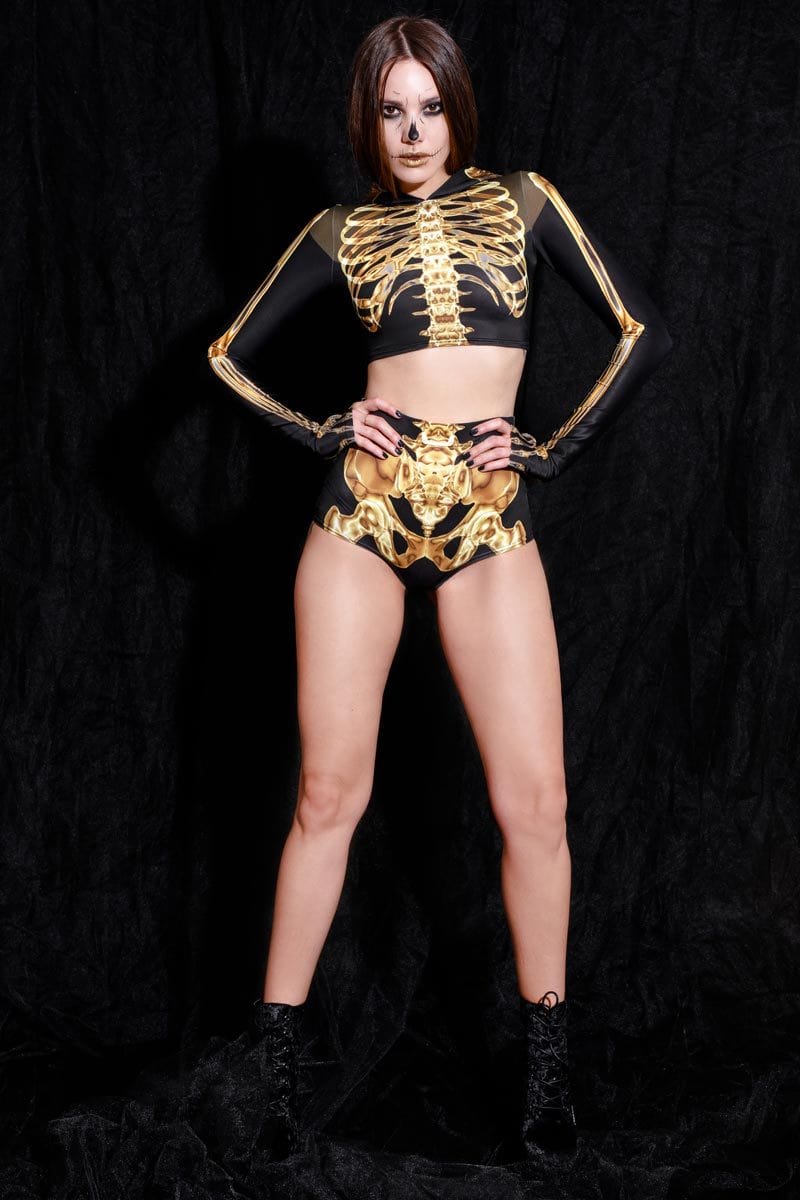 Gold Skeleton High Waisted Shorts Full View