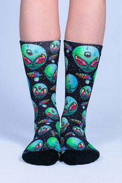 Green Alien Crew Socks Front View