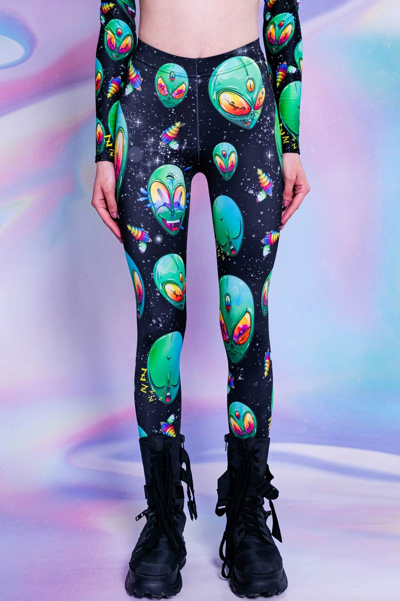 Green Alien Heads Leggings Close View