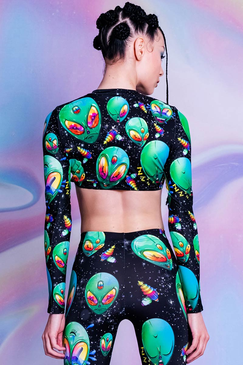 Green Alien Heads Tie Front Crop Top Back View