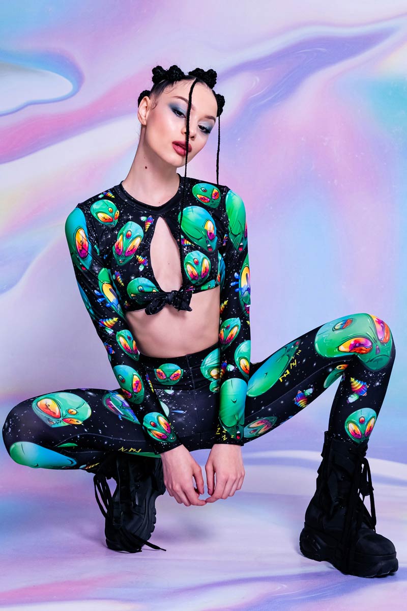 Green Alien Heads Tie Front Crop Top Full View