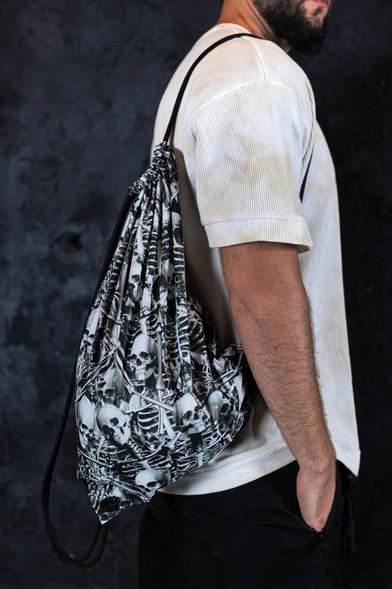 Grey Skeletons Drawstring Bag Side View