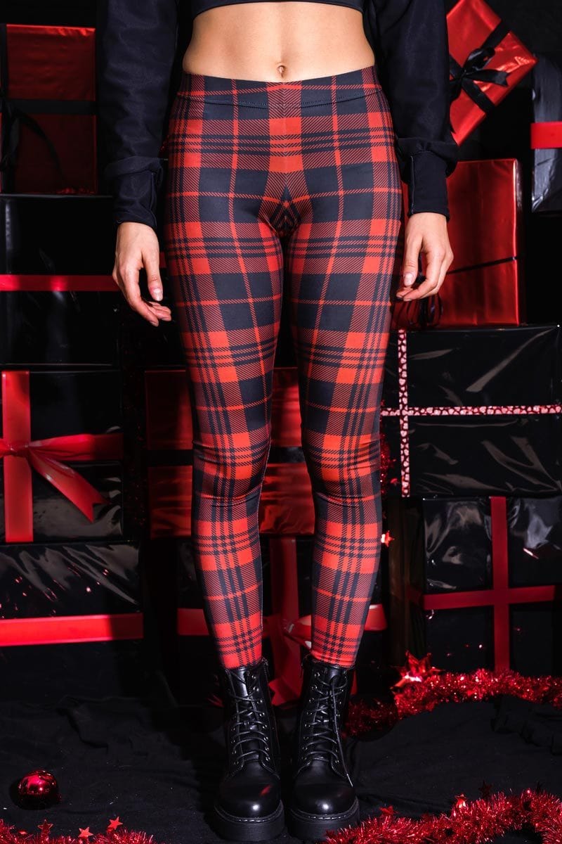 Red & Black Plaid Leggings Close View