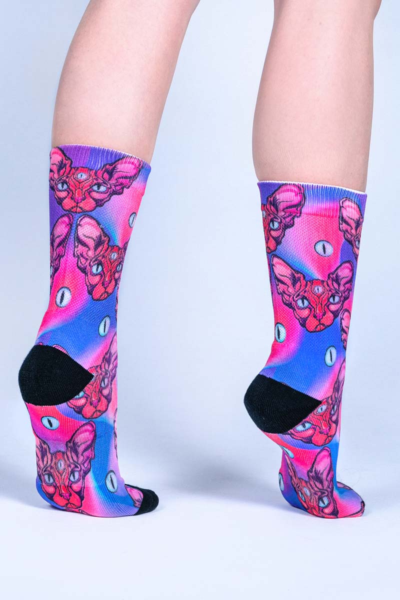 Pink Egypt Cat Crew Socks Back View