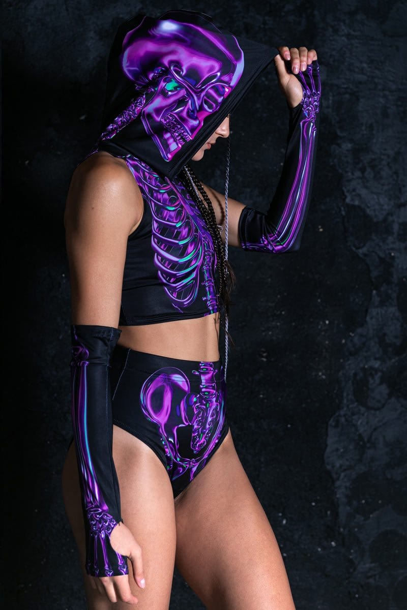 Purple Skeleton Hooded Crop Top Close View