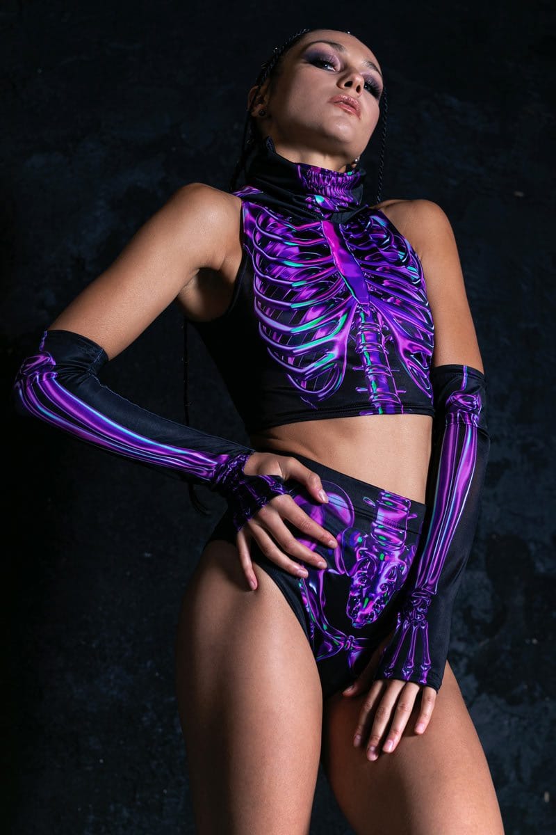 Purple Skeleton Hooded Crop Top Side View