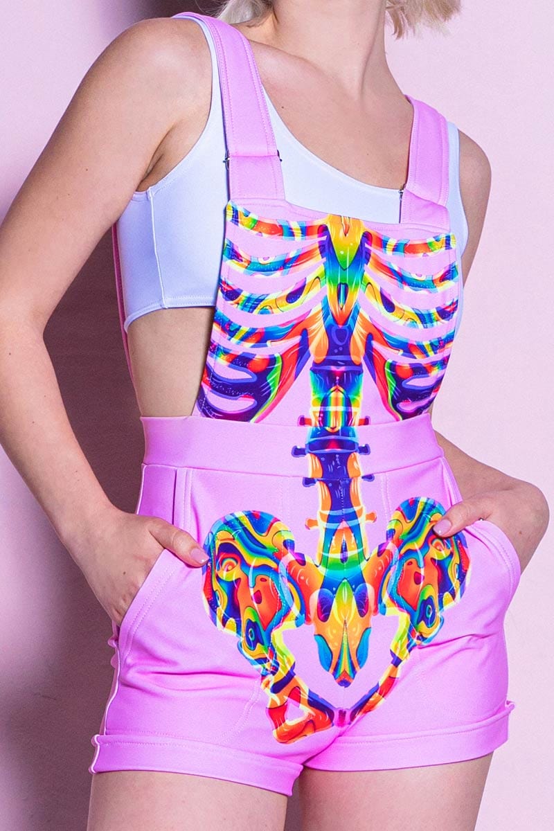 Rainbow Skeleton Shortalls Close View