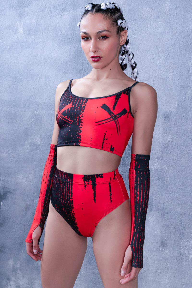 Red & Black Gemini Spaghetti Strap Crop Top Front View