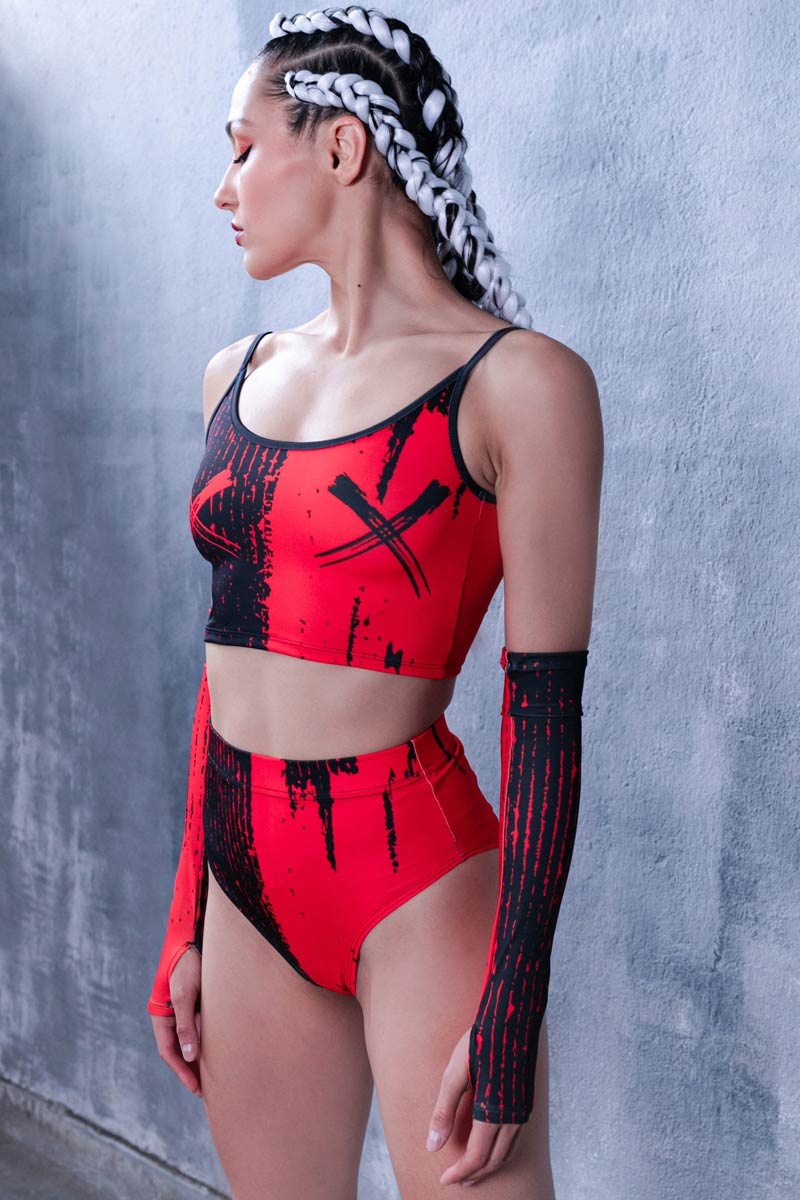 Red & Black Gemini Spaghetti Strap Crop Top Side