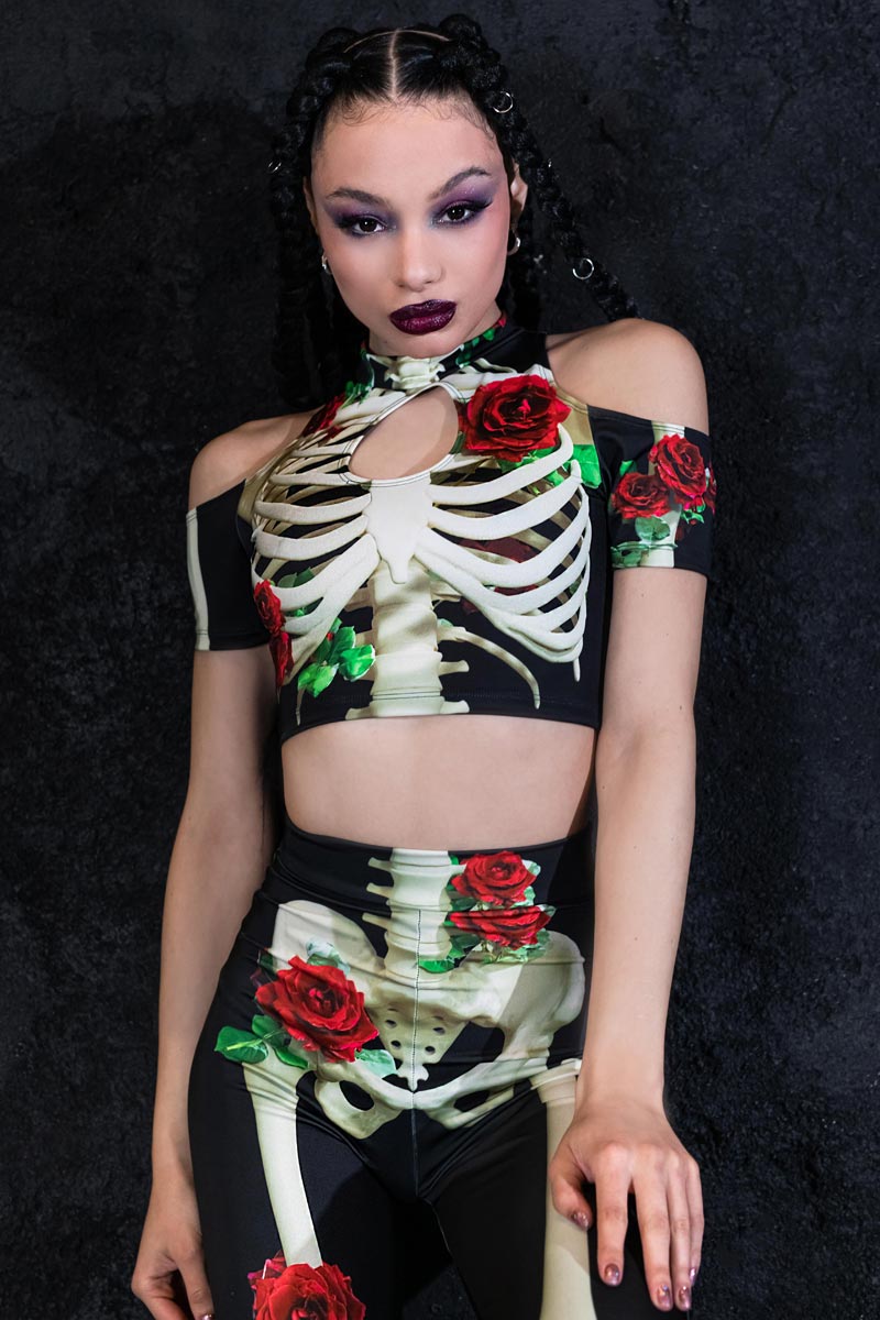 Skeleton & Roses Bell Bottoms Set Close View