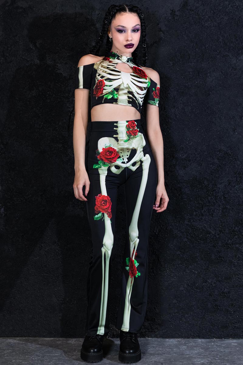 Skeleton & Roses Bell Bottoms Set Front View