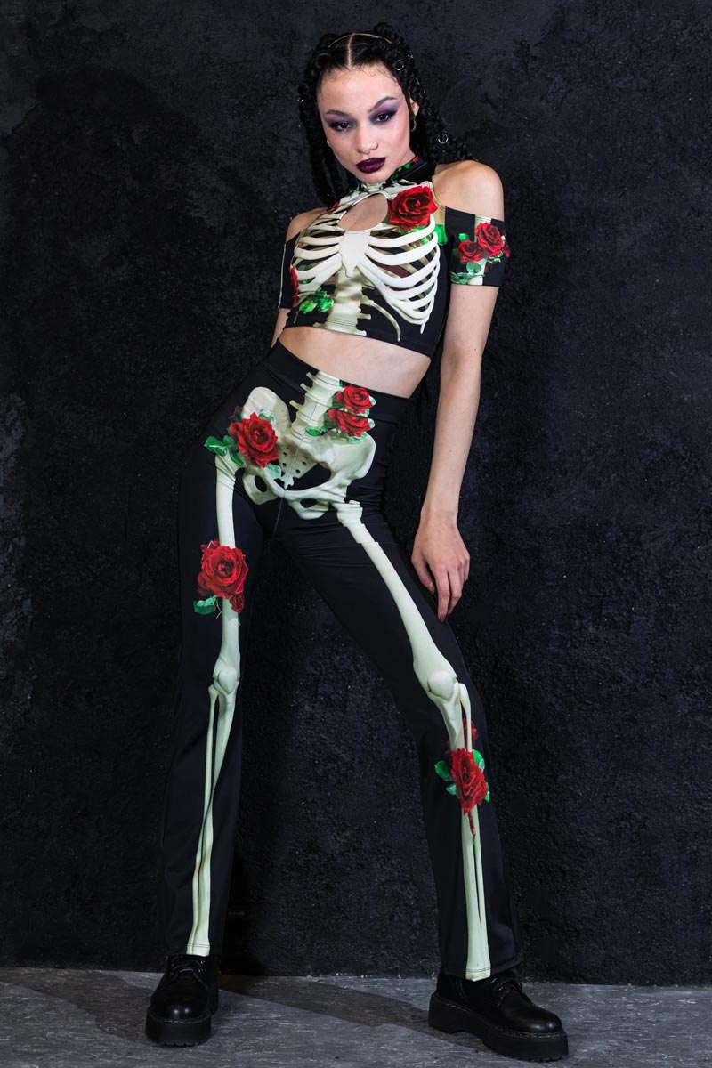 Skeleton & Roses Bell Bottoms Set Side View