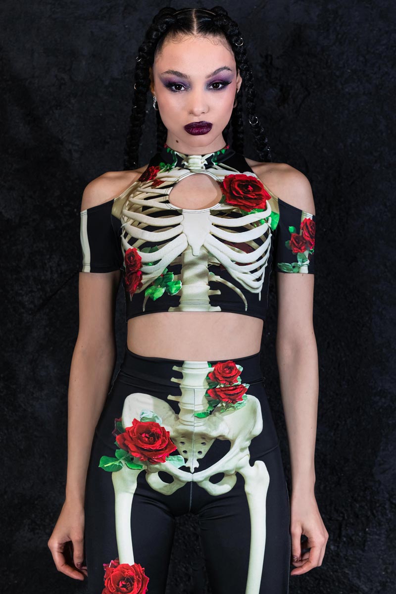 Skeleton & Roses Cold Shoulder Crop Top Front View