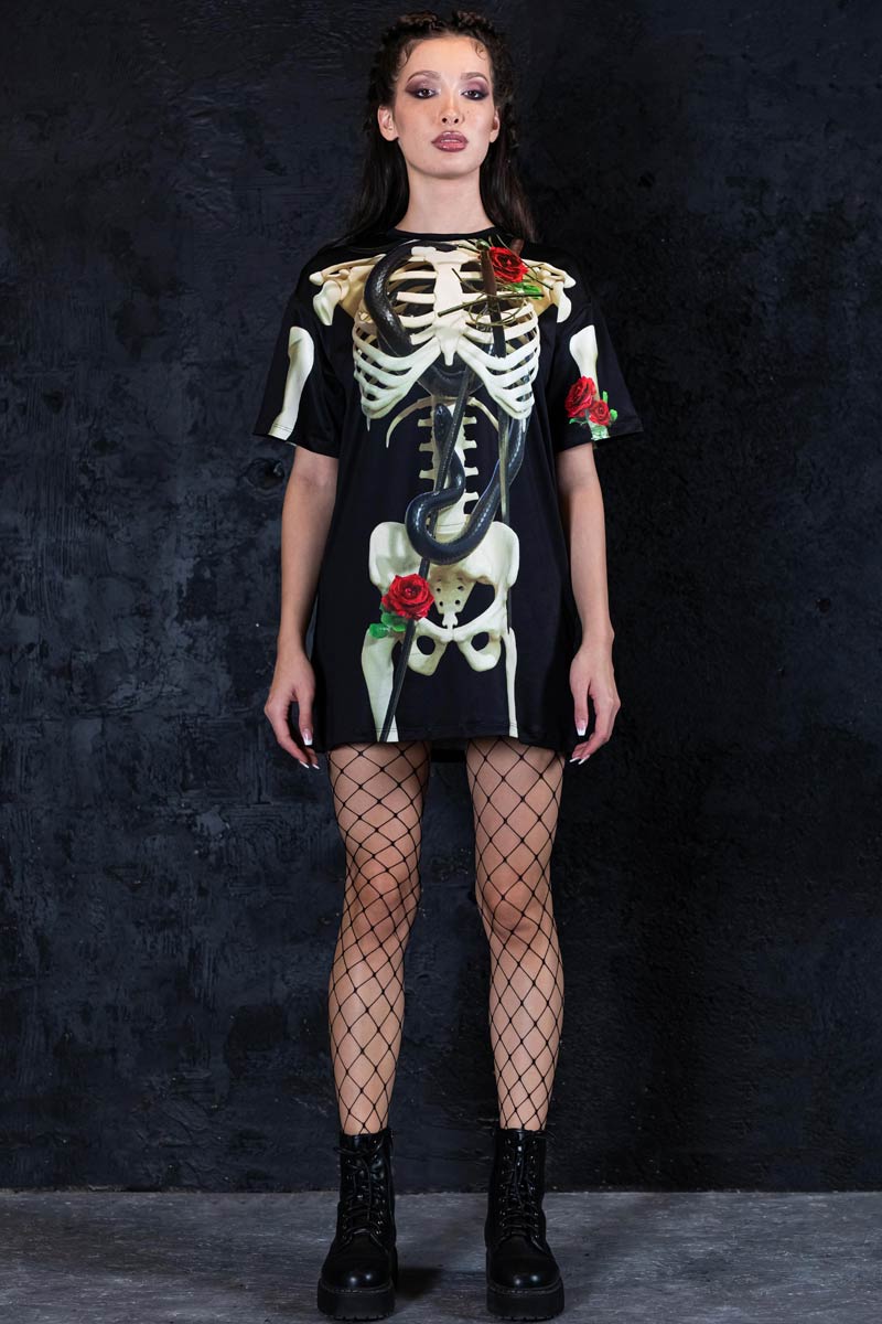 Skeleton & Roses Oversized Tee Dress Full View