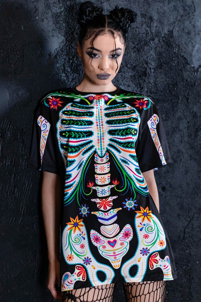 Sugar Skeleton Oversized Tee Dress Close View