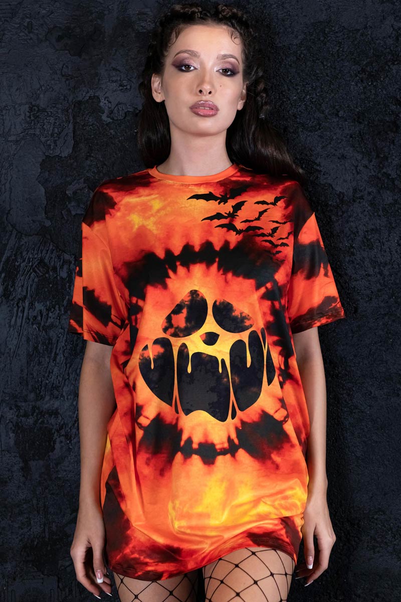 Tie Dye Pumpkin Oversized Tee Dress Close View