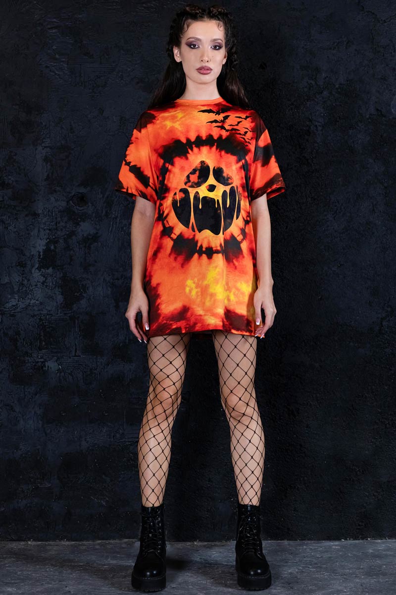 Tie Dye Pumpkin Oversized Tee Dress Full View