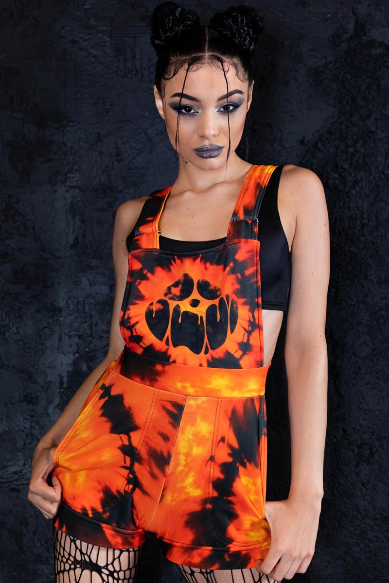 Tie Dye Pumpkin Shortalls Close View